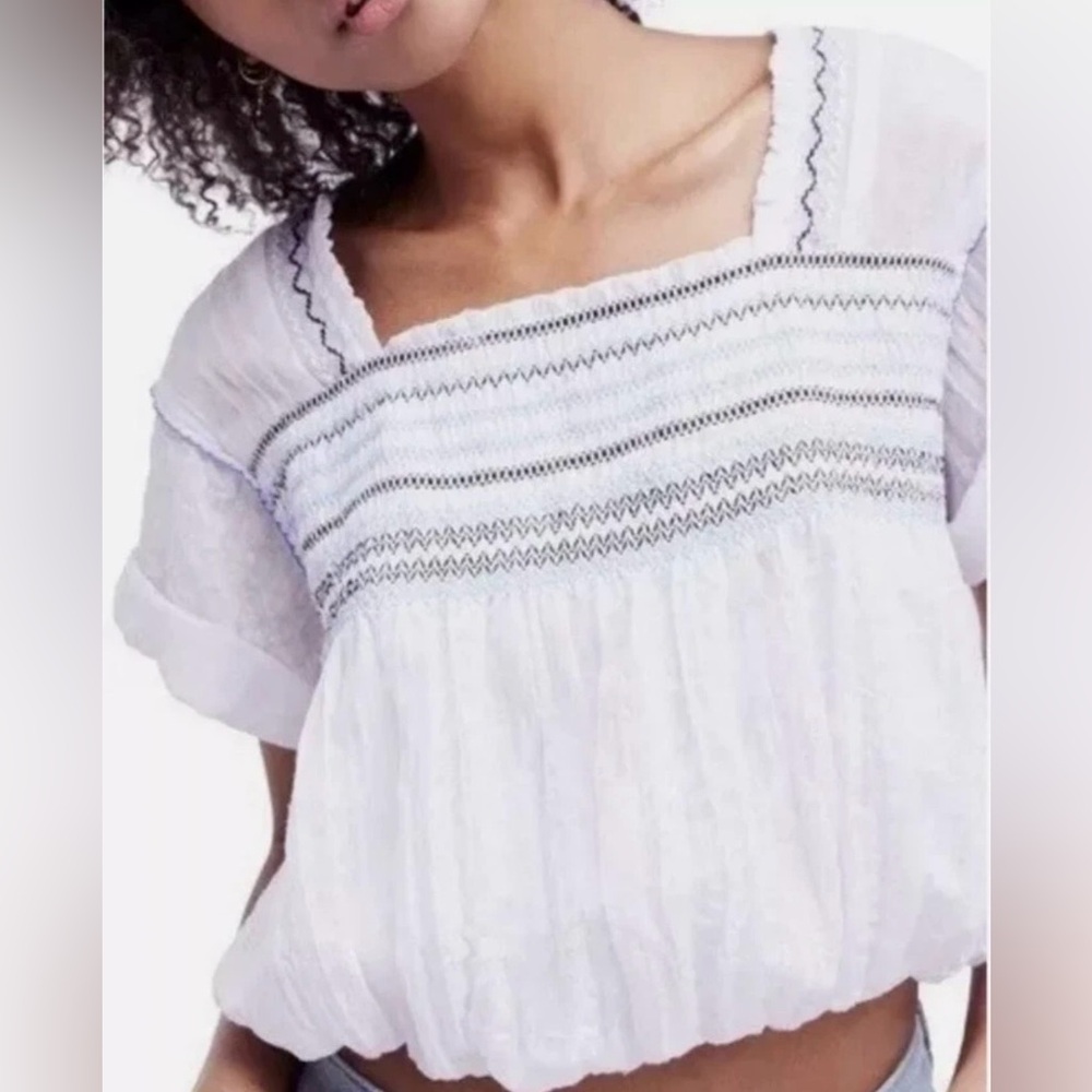 Free People Wandering Skies Cropped Bubble Blouse - Picture 2 of 7